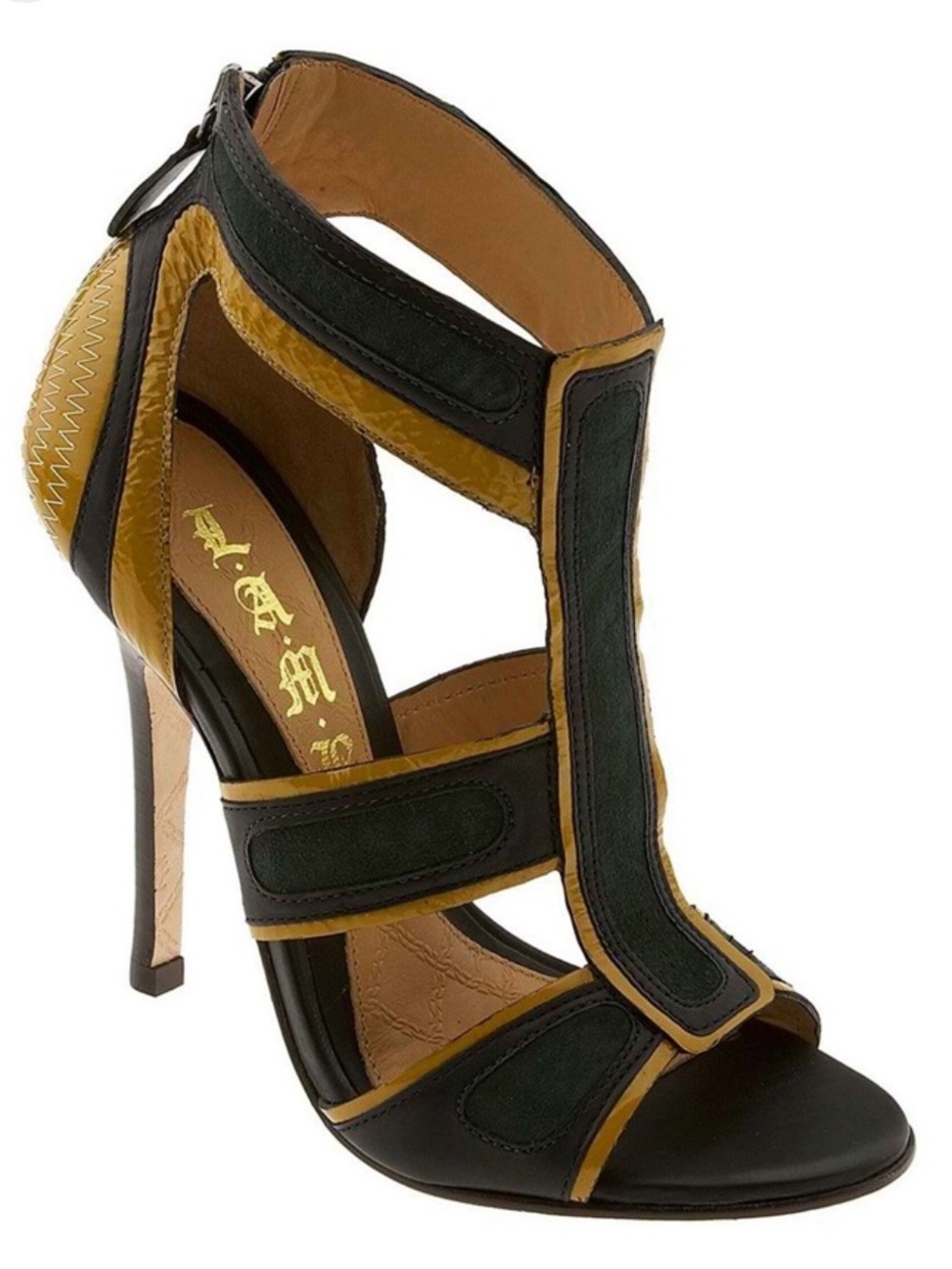 L.A.M.B. Black and Mustard Yellow Cutout T-Strap Stiletto Heels